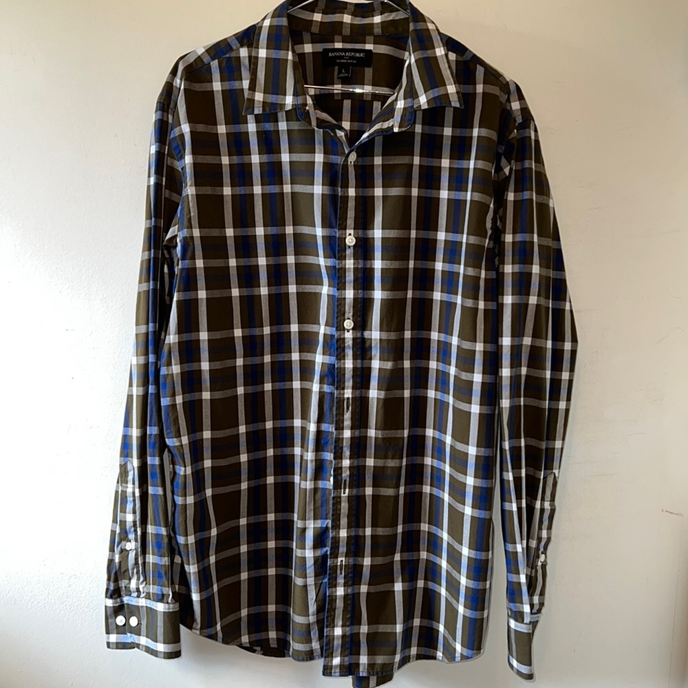 Banana Republic Men’s L LS Plaid Buttondown Tailored Slim Fit Shirt